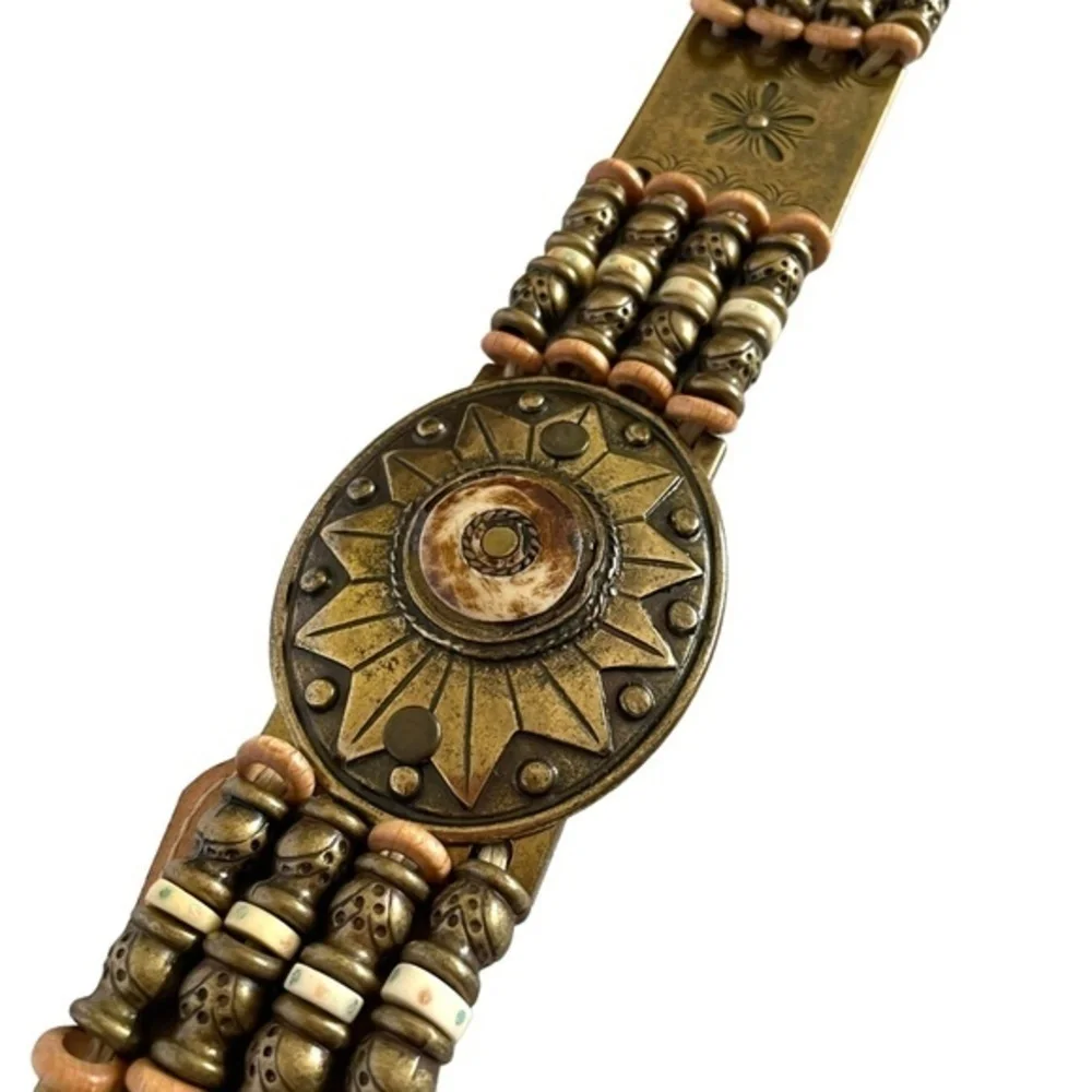 Streets Ahead Beaded Sun Brass Medallion Italian Leather Statement Belt